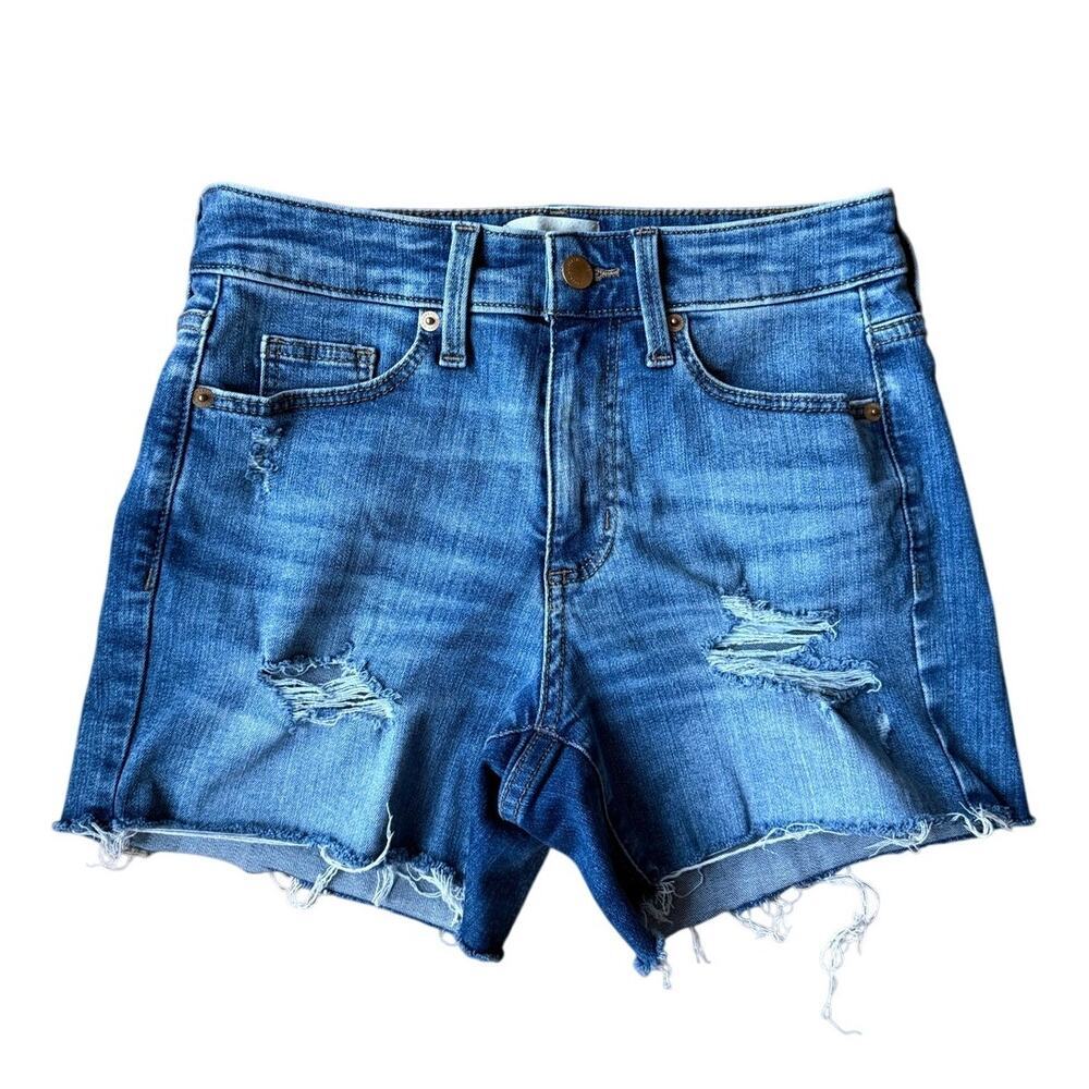 High Rise Midi Frayed Distressed Cutoff Blue Denim Jean Shorts Sz 0/25 90's y2k